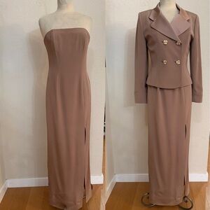Vintage evening suit silk brown taupe maxi dress jacket flowers Sz 6 Lily Samii